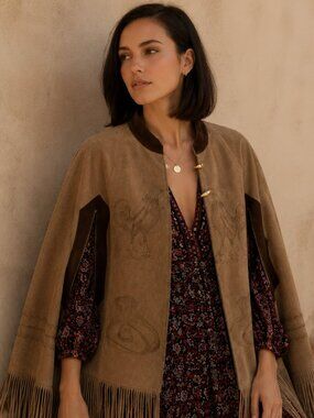 Vintage Suede Fringe Western Cape Jacket Rooster Pyrography Handmade Boho